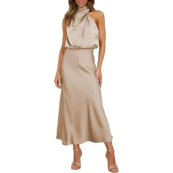 Women's Almond Spring Summer Satin Sleeveless Elegant Formal Mock Neck Maxi - Picture 1 of 6